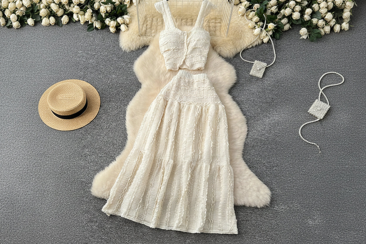 allvariants:: White lace dress on a hanger with decorative elements on a gray surface