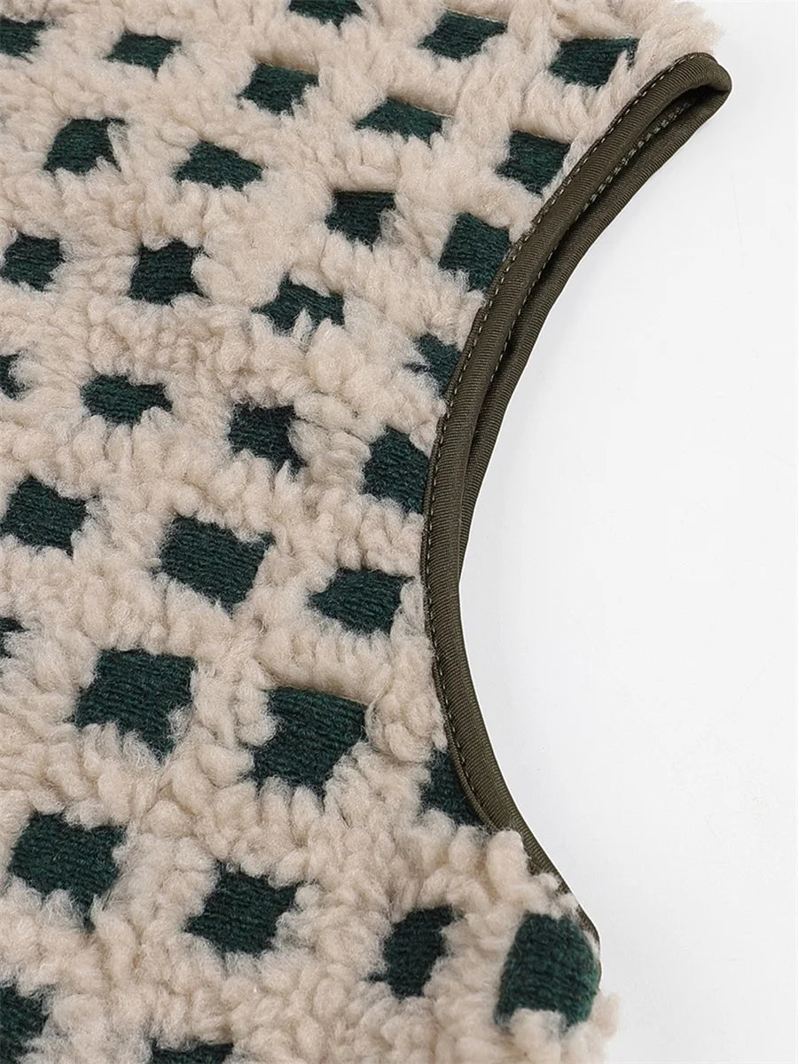 Women’s Fuzzy Checkered Zip-Up Vest